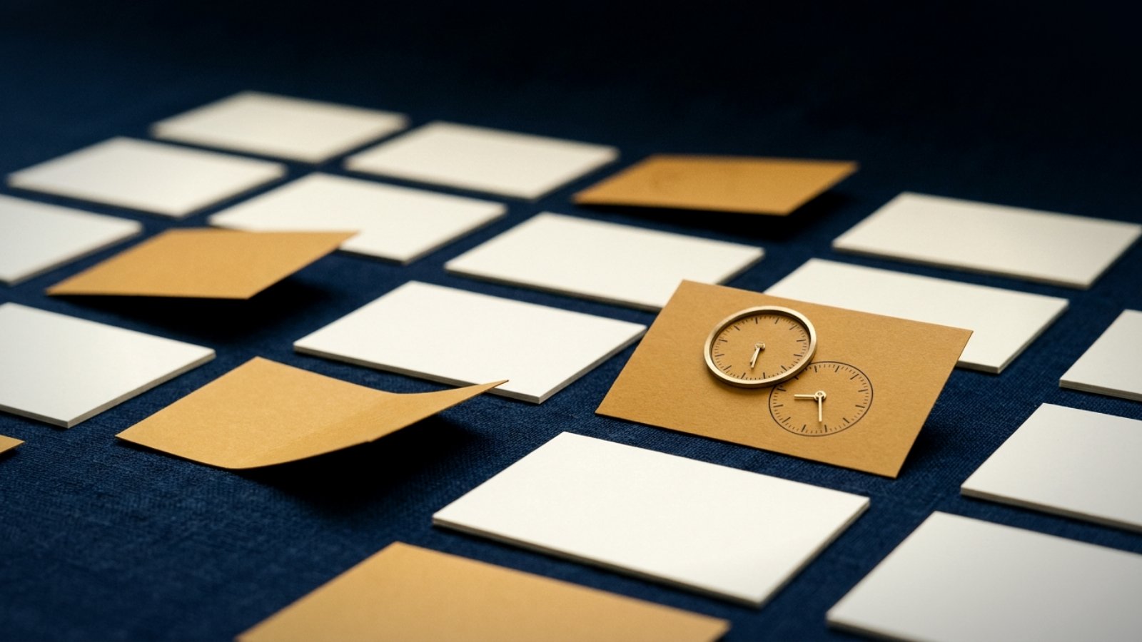Blank cream cards laid in a loose grid on navy linen, receding into shadow. A few amber cards sit askew with lifted, curling edges. In focus, one amber card carries two overlapping clock faces showing different times.