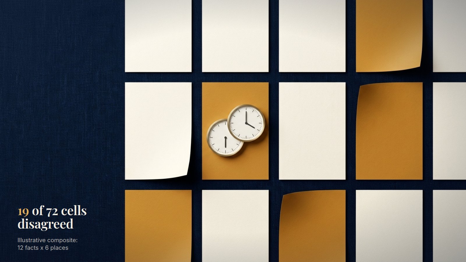 Overhead view of a partial grid of blank cream and amber cards on navy linen. One amber card holds two overlapping clocks showing different times. Text reads: 19 of 72 cells disagreed. Illustrative composite: 12 facts x 6 places.