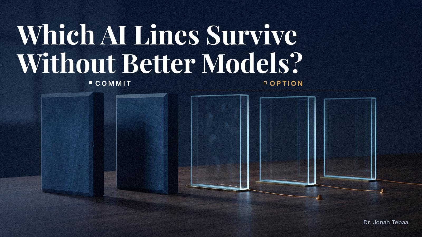 Under the headline 'Which AI Lines Survive Without Better Models?', five blocks stand in a row on a dark boardroom table: two solid blue stone blocks under the label Commit, and three clear glass blocks under the label Option, each tethered by a thin amber wire.