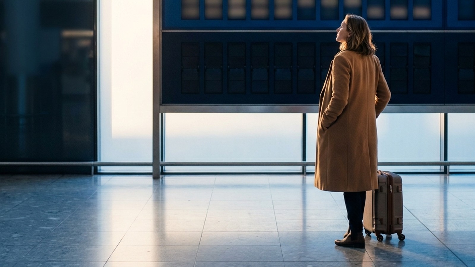 A traveller in a camel coat with a rolling suitcase stands in a quiet airport hall, looking up at a large dark-blue split-flap departure board.