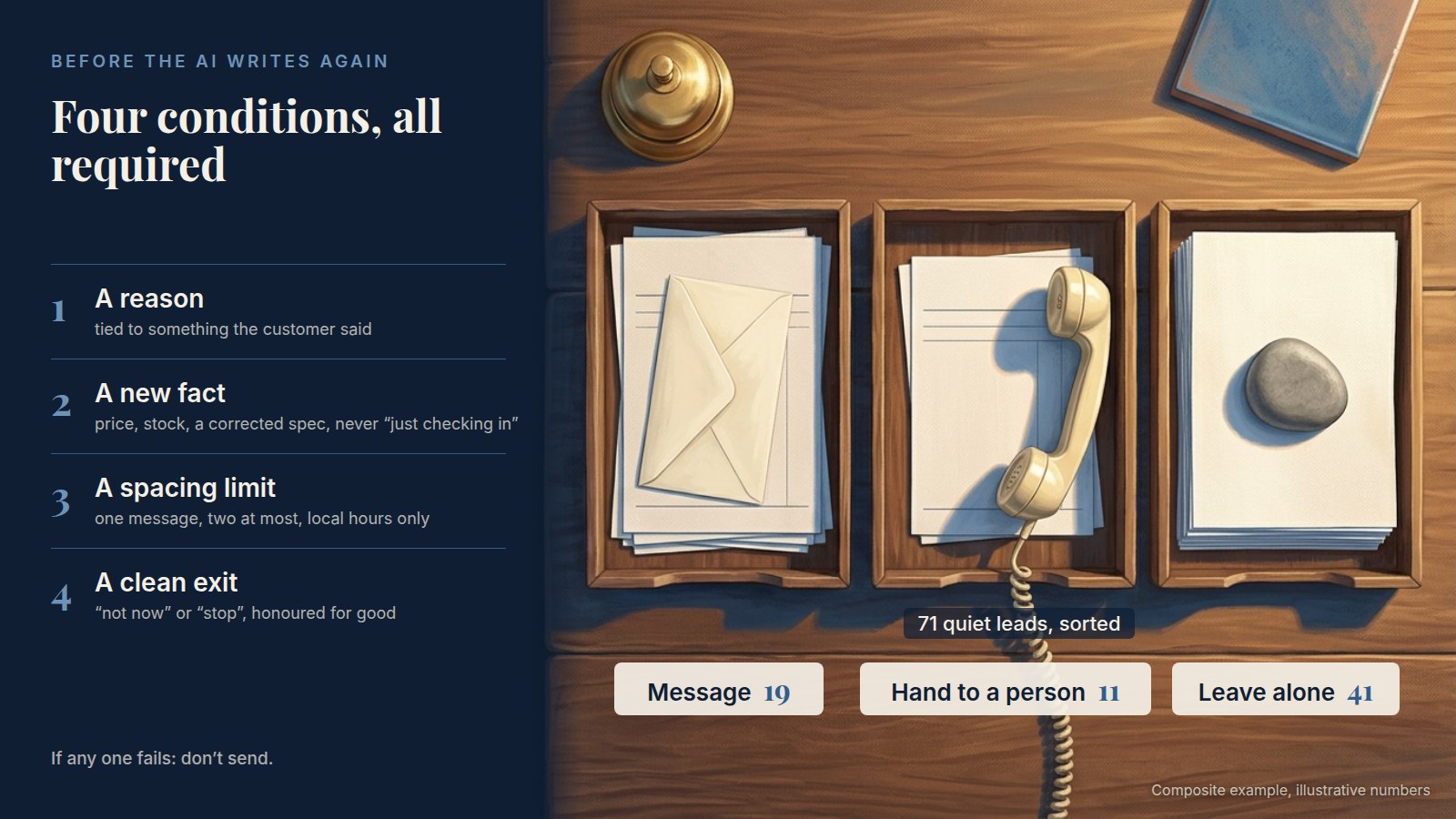 Overhead painting of a wooden counter with three trays of quote slips and a brass bell at the top: one tray holds an envelope (Message, 19), one a telephone handset (Hand to a person, 11), one a stone paperweight (Leave alone, 41). Beside it a navy panel lists four conditions, all required: a reason tied to something the customer said, a new fact, a spacing limit of one or two messages in local hours, and a clean exit honoured for good. If any one fails, don't send. Composite example, illustrative numbers.
