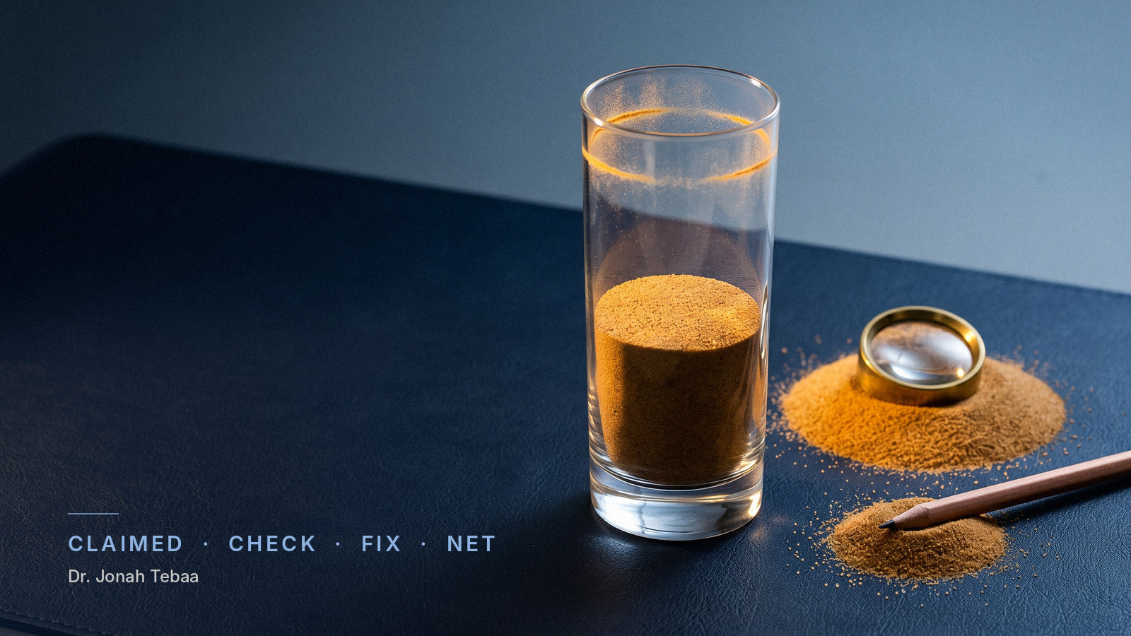 A tall clear glass on a navy leather desk holds amber sand to just under half its height, with a faint ring of sand dust near the rim showing it was once full. Beside it, a brass magnifier rests in a larger mound of the missing sand and a pencil tip rests in a smaller one, under warm lamp light in a dark blue office. Small text reads 'Claimed, Check, Fix, Net' and 'Dr. Jonah Tebaa'.