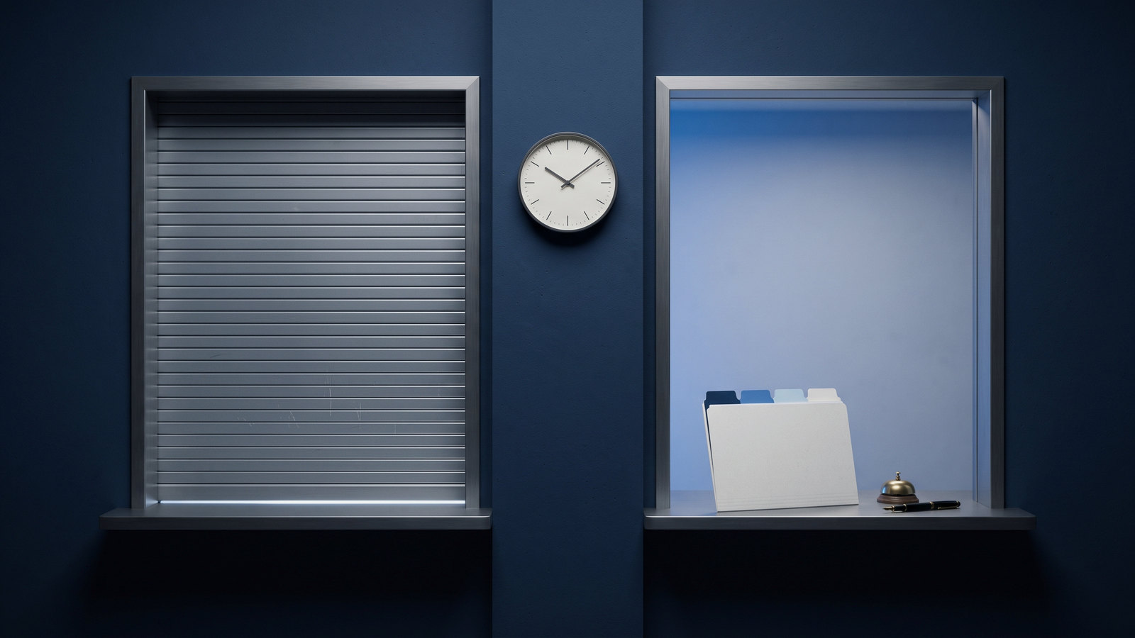 Two identical service windows in a dark blue wall at night. The left one is shut behind a grey roller shutter with a thin cold line of light underneath; the right one is open and softly lit, with a neat folder with four coloured index tabs, a brass desk bell and a pen on the counter, beneath a plain wall clock between them.