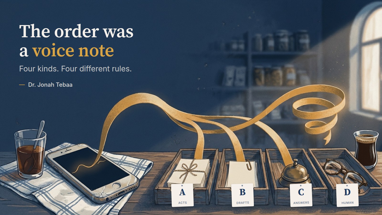 Illustration of a worn wooden shop counter in morning light. A glowing amber ribbon of sound rises from a scuffed phone and splits into four strands. Three drop into wooden trays holding a tied stack of slips, a paper-clipped slip and a brass bell; the fourth curls in mid-air above a tray holding reading glasses. Cards marked A, B, C and D sit on the trays. Headline: The order was a voice note. Four kinds. Four different rules.