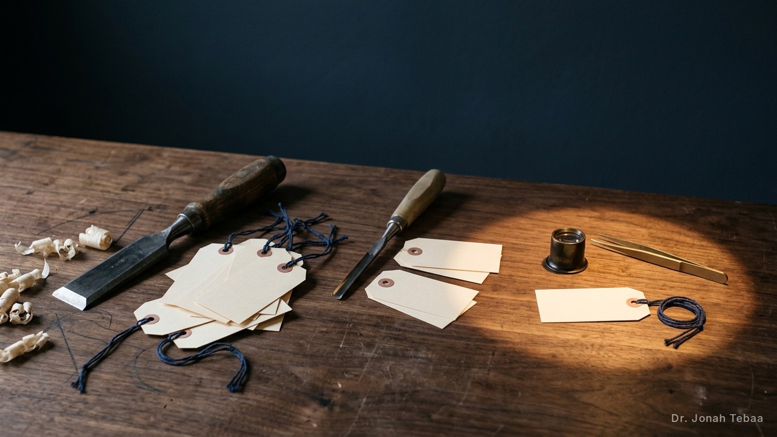 A craftsman's workbench in soft light with three tools of increasing precision, a broad chisel, a fine chisel and a jeweller's loupe, beside small paper tags, most of them placed by the simplest tool and one by the finest.