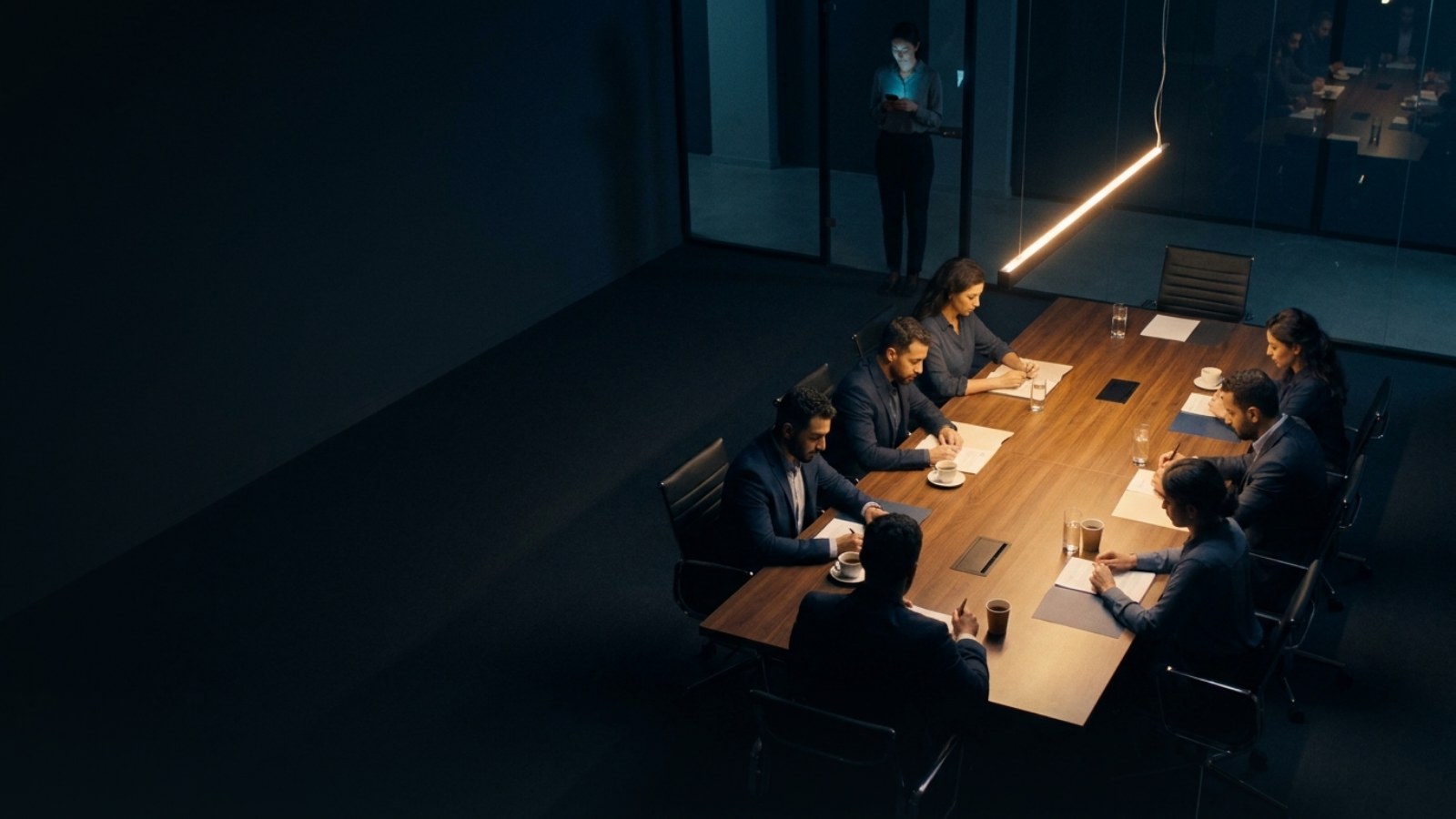 Overhead view of a dark conference room at night: seven people work heads-down around a walnut table under one warm lamp, an empty chair at the far end, and a woman outside the glass wall lit only by her phone.