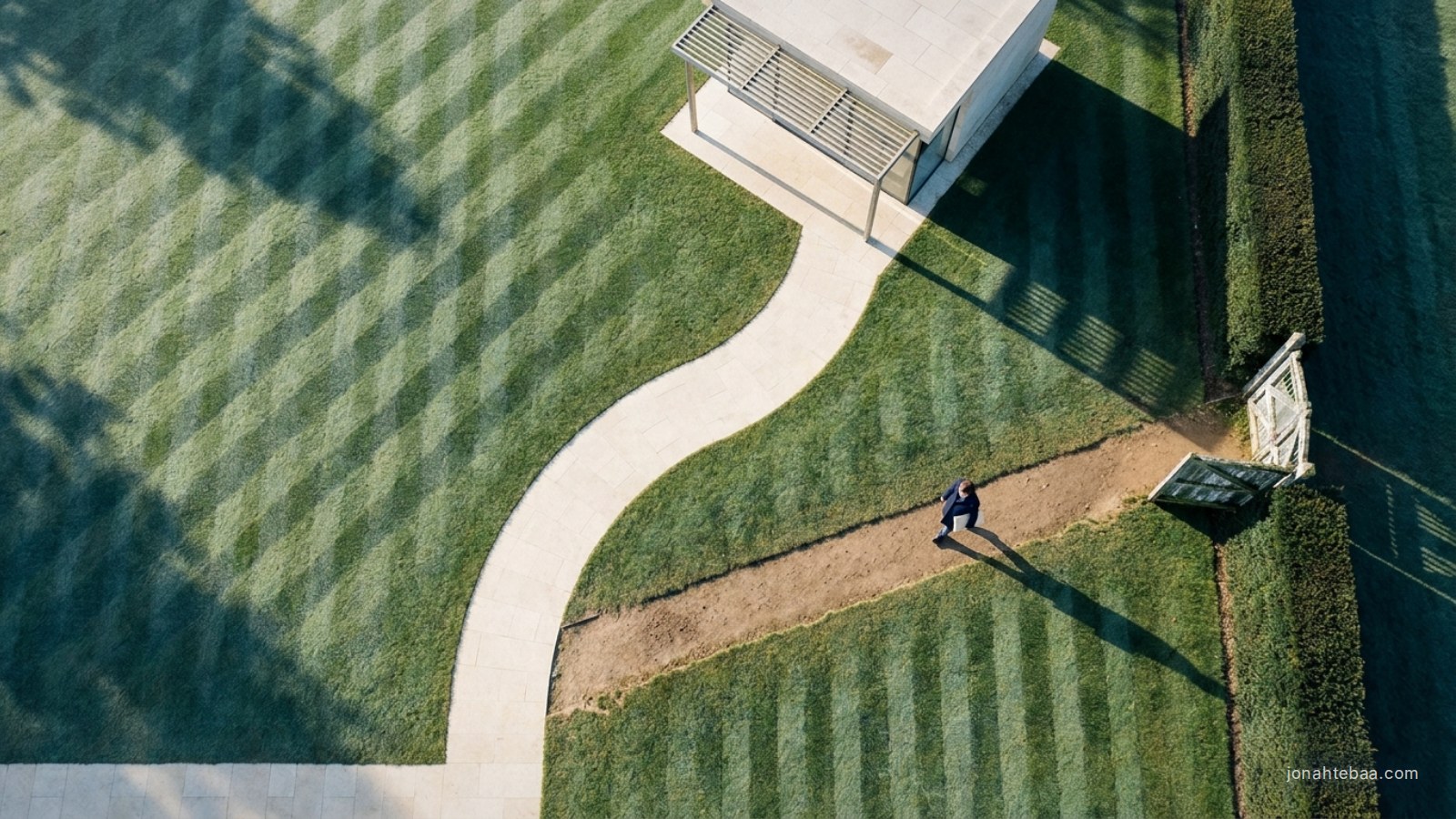 Overhead photograph of a manicured striped lawn at dawn: a pristine stone path curves to a new glass pavilion while a single person walks a worn dirt shortcut across the grass to an old timber gate.